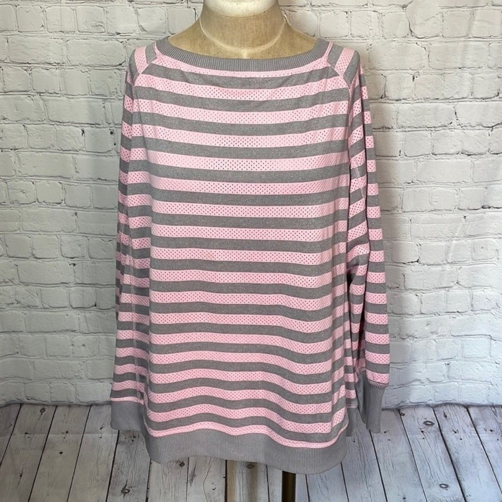 Y2K Pink Gray Striped Athletic Top Boxy Mesh Long Sleeve 1X